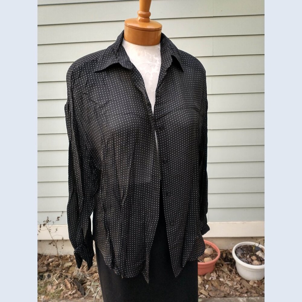 Blouse: Silk, black w/tan polka dots. Loose size 6 - by Ellen Tracy